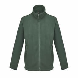 A green fleece jacket with a high collar and side pockets, featuring a full front zip and long sleeves.
