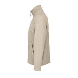 A beige jacket with a high collar and a side pocket, featuring a smooth texture.