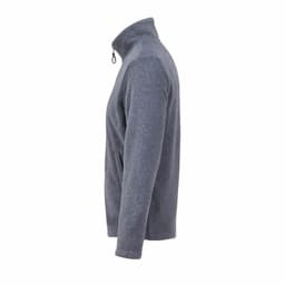 A fleece jacket in a grey colour with a high collar and zip. It features long sleeves and a side view.