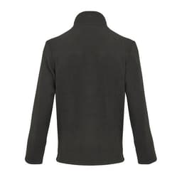 A dark green fleece jacket with a high collar and long sleeves, viewed from the back. Features a logo on the back.