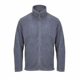 A grey fleece jacket with a high collar and zip closure, featuring two front pockets.