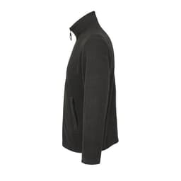 A black fleece jacket featuring a high collar and side pocket, with a simple and sleek design.
