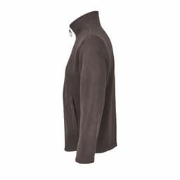 A brown jacket featuring a high collar and a side pocket, with a smooth texture and a zip closure.