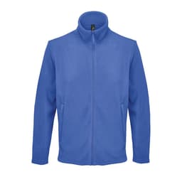 A blue fleece jacket with a high collar and zip fastening, featuring two side pockets and a simple design.