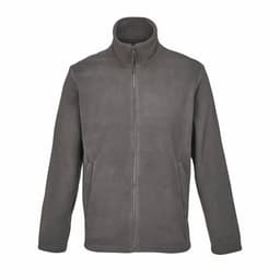 A grey fleece jacket featuring a high collar and zip front, with two side pockets.