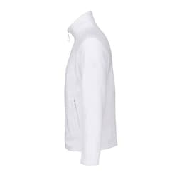 A white zip-up jacket with a high collar and side pocket, featuring a smooth fabric texture.