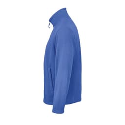 A blue fleece jacket with a high collar and a zippered pocket, displayed from the side.