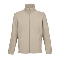 A beige fleece jacket featuring a zip front and two side pockets, with a stand-up collar.