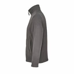 A grey fleece jacket with a high collar and a side pocket, featuring a zip closure.
