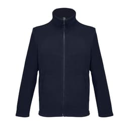 A navy jacket featuring a high collar, full zip, and side pockets. The fabric appears soft and comfortable.