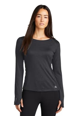 A long sleeve crew shirt in black, featuring a fitted design and a logo on the hem.