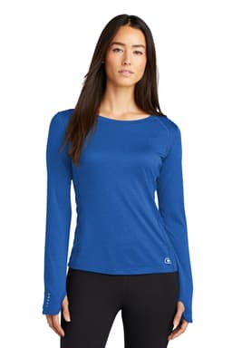 A long sleeve crew shirt in blue, featuring a fitted silhouette and a logo on the lower side.