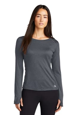 A long sleeve crew top in dark grey, featuring a logo on the side and a fitted design.