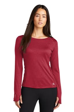 A maroon long sleeve crew shirt for women with a fitted design and logo on the bottom.