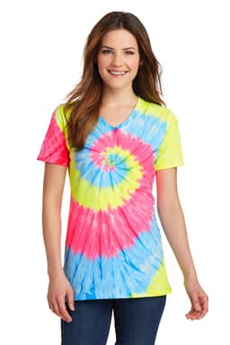 A vibrant ladies tie-dye V-neck tee in pink, blue, and yellow with a spiral pattern, featuring a logo.