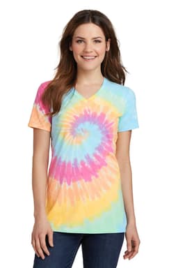 A tie-dye v-neck tee in pastel colours featuring pink, yellow, and blue swirls. The model is wearing jeans and smiling.