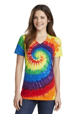 A tie-dye V-neck tee featuring vibrant spirals of yellow, orange, red, green, blue, and purple, with a logo.