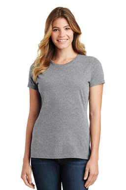 A grey ladies' t-shirt with short sleeves, featuring a fitted style and a logo on the front.