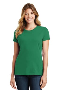 A woman models a green Port & Company Ladies Fan Favorite Tee, featuring a classic crew neck and short sleeves.