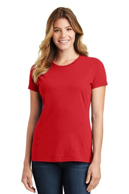 A woman wearing a red short-sleeved t-shirt. The shirt has a logo on it and features a fitted design.