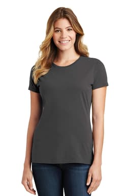A women's grey T-shirt with a classic fit, featuring short sleeves and a round neckline. It has a logo on the front.