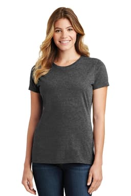 A woman wearing a fitted grey t-shirt, featuring short sleeves and a round neckline. The shirt has a logo.