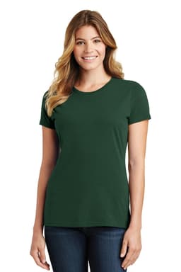A woman models a dark green t-shirt with short sleeves, featuring a logo on the front.