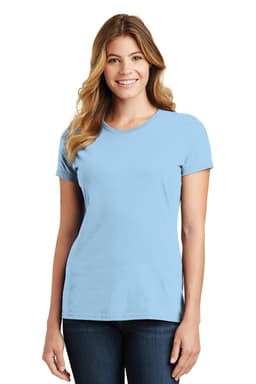 A light blue women's t-shirt with short sleeves and a fitted design, featuring a logo.