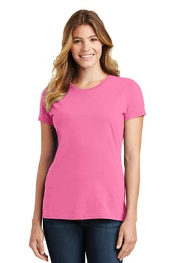 A woman wearing a pink T-shirt with short sleeves, posing against a white background. The shirt has a branding logo.