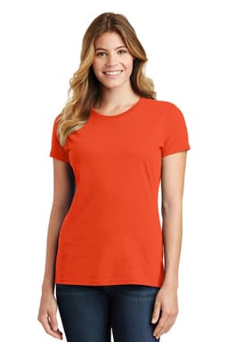 A woman wearing a bright orange ladies' t-shirt. The shirt has a classic crew neck and short sleeves.