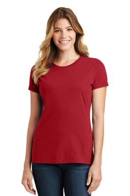 A woman models a red short-sleeve T-shirt from Port & Company, showcasing a flattering fit.