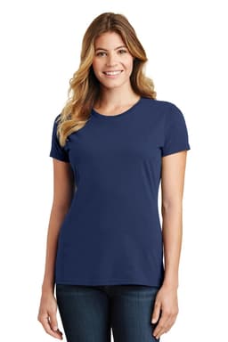 A woman wearing a navy blue short-sleeve t-shirt. The shirt has a minimalist design and a branded logo.