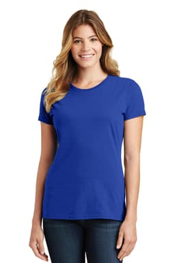 A woman wearing a royal blue short-sleeve t-shirt, featuring a round neckline and a fitted style.