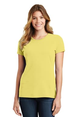 A yellow ladies' t-shirt displayed on a model, featuring a classic fit and short sleeves, with a logo visible.