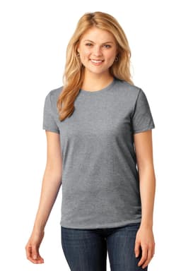A lady wearing a grey t-shirt, featuring a round neckline and short sleeves, paired with jeans. The shirt has a logo.