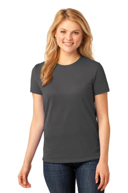 A woman wearing a grey ladies' t-shirt with short sleeves, featuring a branding logo.