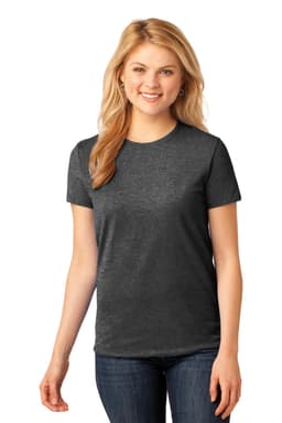 A grey ladies' t-shirt with short sleeves, featuring a round neckline and a logo.