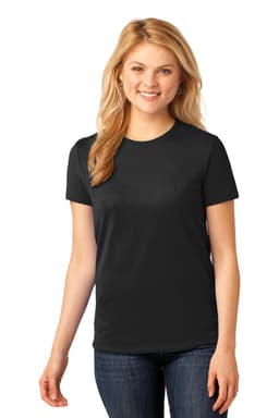 A black ladies' T-shirt in a classic fit, featuring a crew neck and short sleeves, worn by a model.