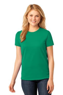 A green ladies' core cotton tee displayed on a model, featuring a classic cut and short sleeves.