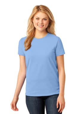 A light blue ladies' t-shirt featuring short sleeves and a round neckline, displayed by a model. It has a logo.