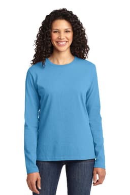 A blue long sleeve core cotton tee for ladies, featuring a round neck and a logo on the shirt.