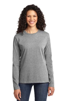 A long sleeve grey t-shirt for ladies, featuring a round neck and a logo on the front.