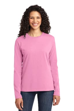A long sleeve ladies tee in bright pink fabric. The shirt has a simple design and features a logo.
