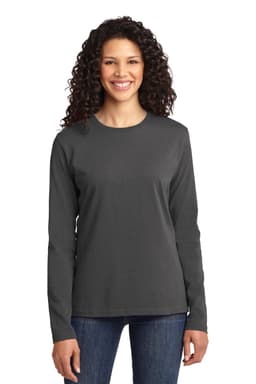 A long sleeve ladies' t-shirt in dark grey, featuring a round neckline and a logo on the front.