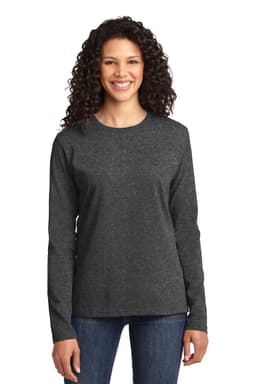 A lady's long sleeve T-shirt in dark grey, featuring a classic design and a logo on the chest.