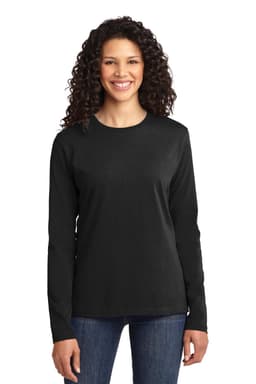 A black long sleeve t-shirt for women in a relaxed fit, featuring a logo on the front.