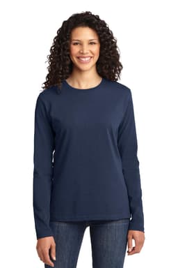 A long sleeve navy blue cotton tee for ladies, featuring a crew neck and a logo.