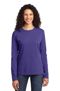 A purple long sleeve cotton tee for women, featuring a round neckline and a simple design, with a logo on it.