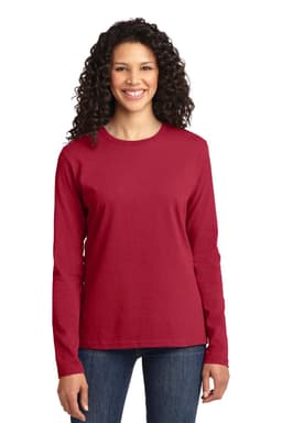 A long sleeve women's t-shirt in red, made from core cotton, featuring a logo on the front.