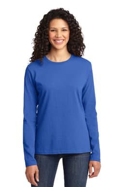 A woman model wearing a bright blue long sleeve cotton t-shirt with a round neckline and a logo on the front.